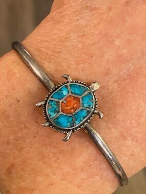 Sterling Silver Turquoise Coral Inlay Turtle Cuff Bracelet